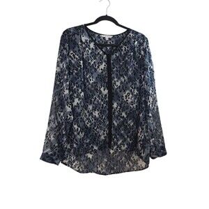 CAbi Fatale Blouse Top  Blue Animal Print Medium Chiffon Black White Womens